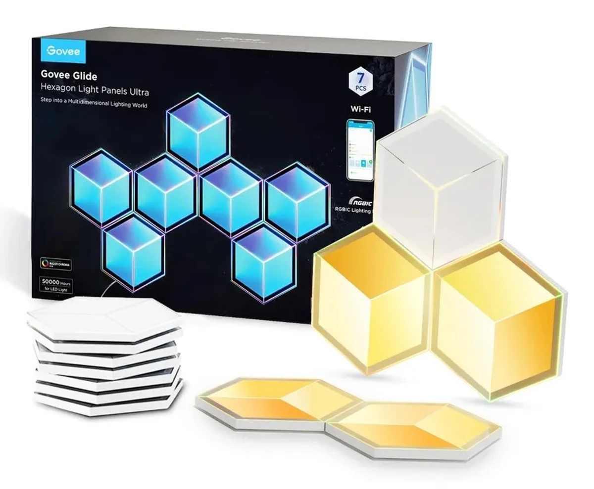 Zestaw 7 paneli świetlnych Govee H606A Glide Hexagon LED | RGBIC, Wi-Fi 2.4GHz, Bluetooth | Oświetlenie dekoracyjne