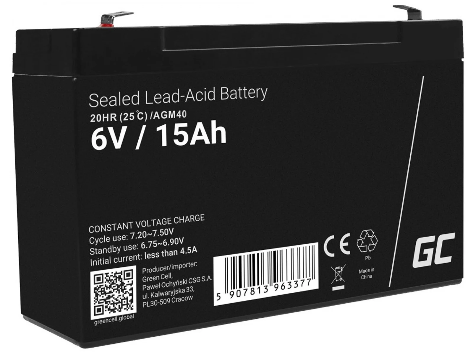 GREEN CELL AKUMULATOR ŻELOWY AGM40 6V 15AH — zdjęcie 1 z 5