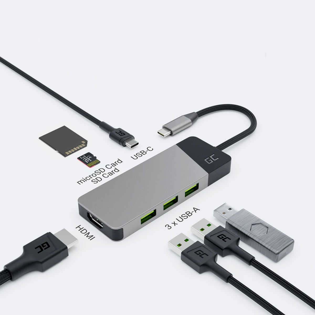 GREEN CELL HUB USB-C ADAPTER GC CONNECT 7W1 - 3 USB 3.1, HDMI 4K, USB-C PD 85W