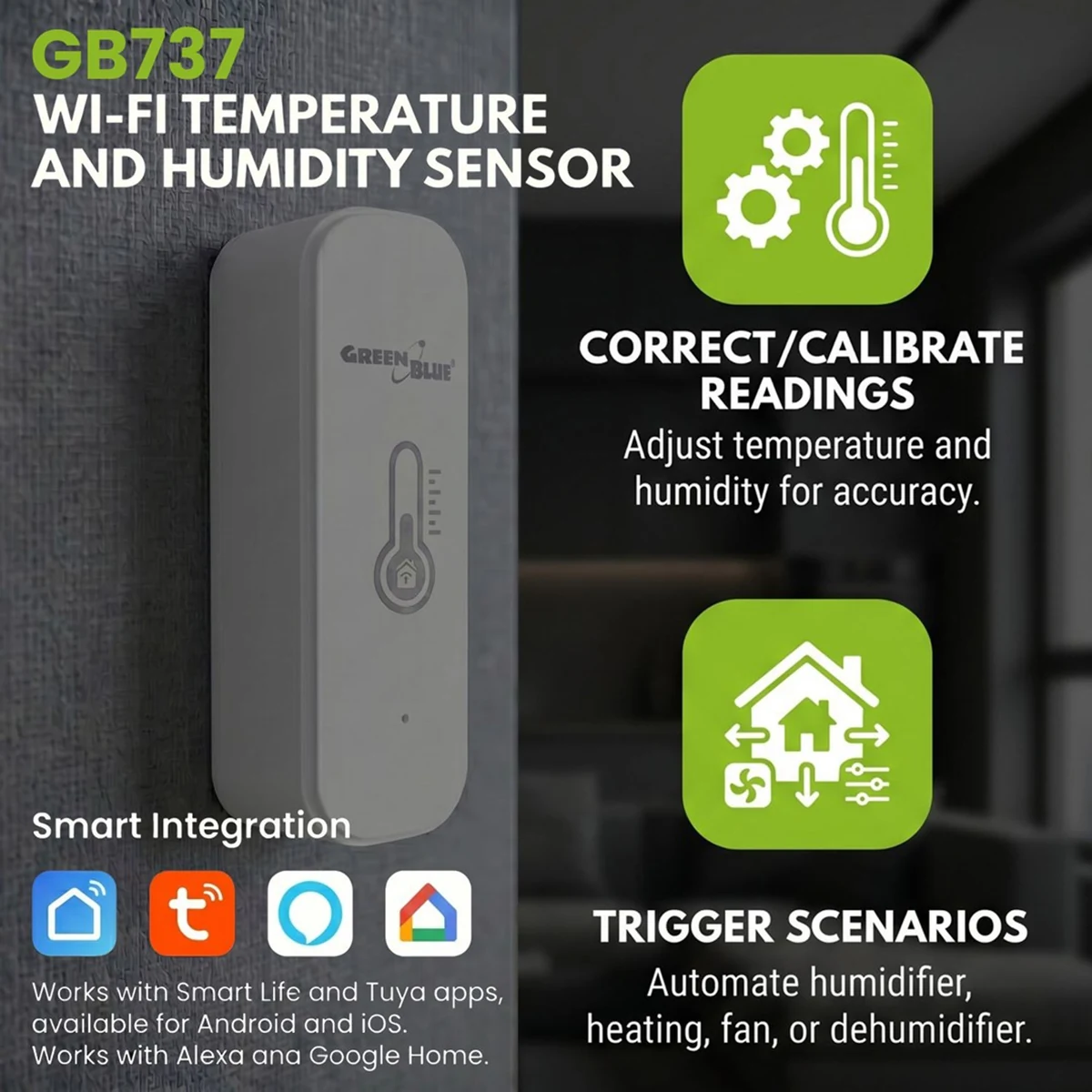 GREENBLUE CZUJNIK TEMPERATURY I WILGOTNOŚCI WIFI, ANDROID/IOS/ALEXA/GOOGLE HOME, 3.0V DC, LR03X2 GB737