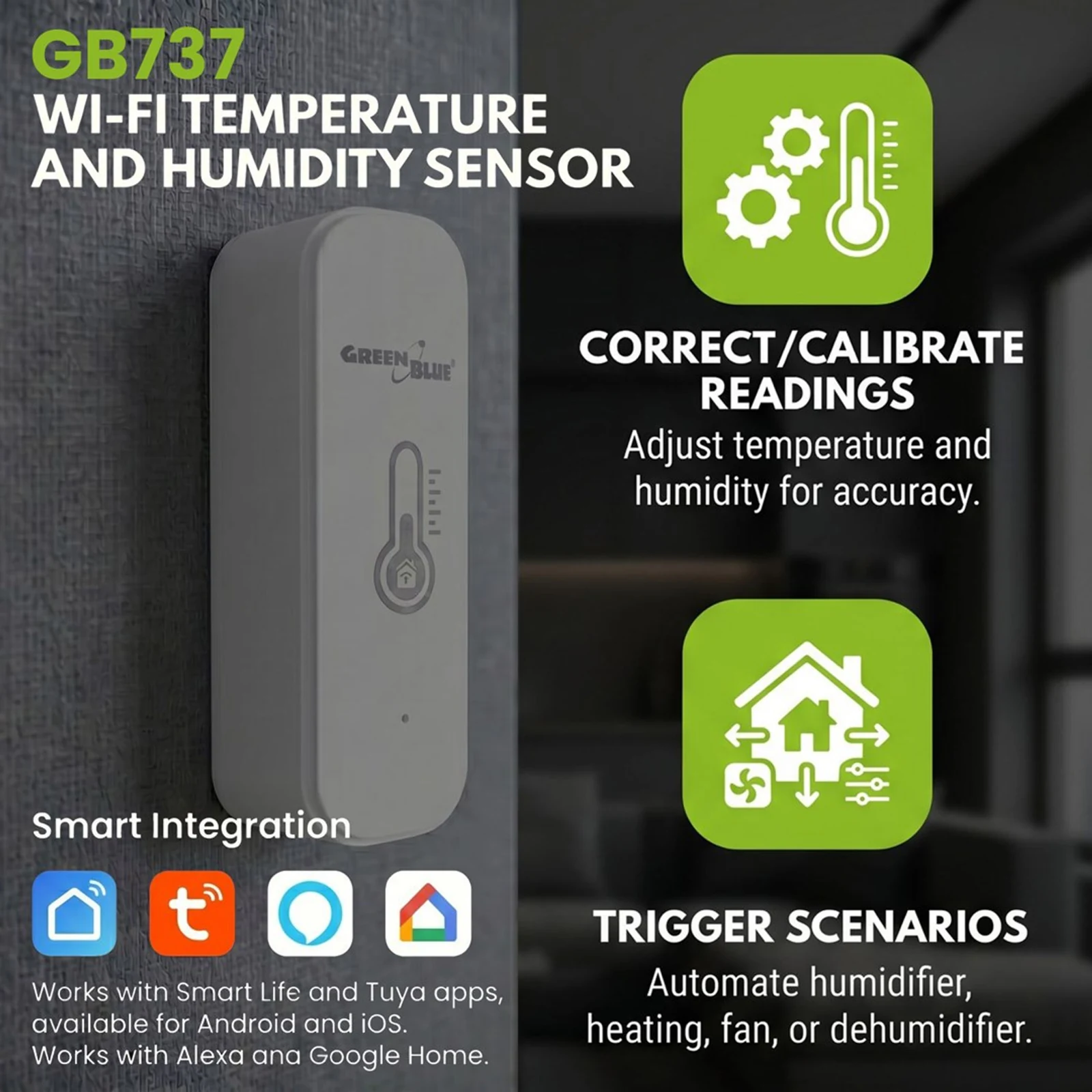 GREENBLUE CZUJNIK TEMPERATURY I WILGOTNOŚCI WIFI, ANDROID/IOS/ALEXA/GOOGLE HOME, 3.0V DC, LR03X2 GB737 — zdjęcie 1 z 8