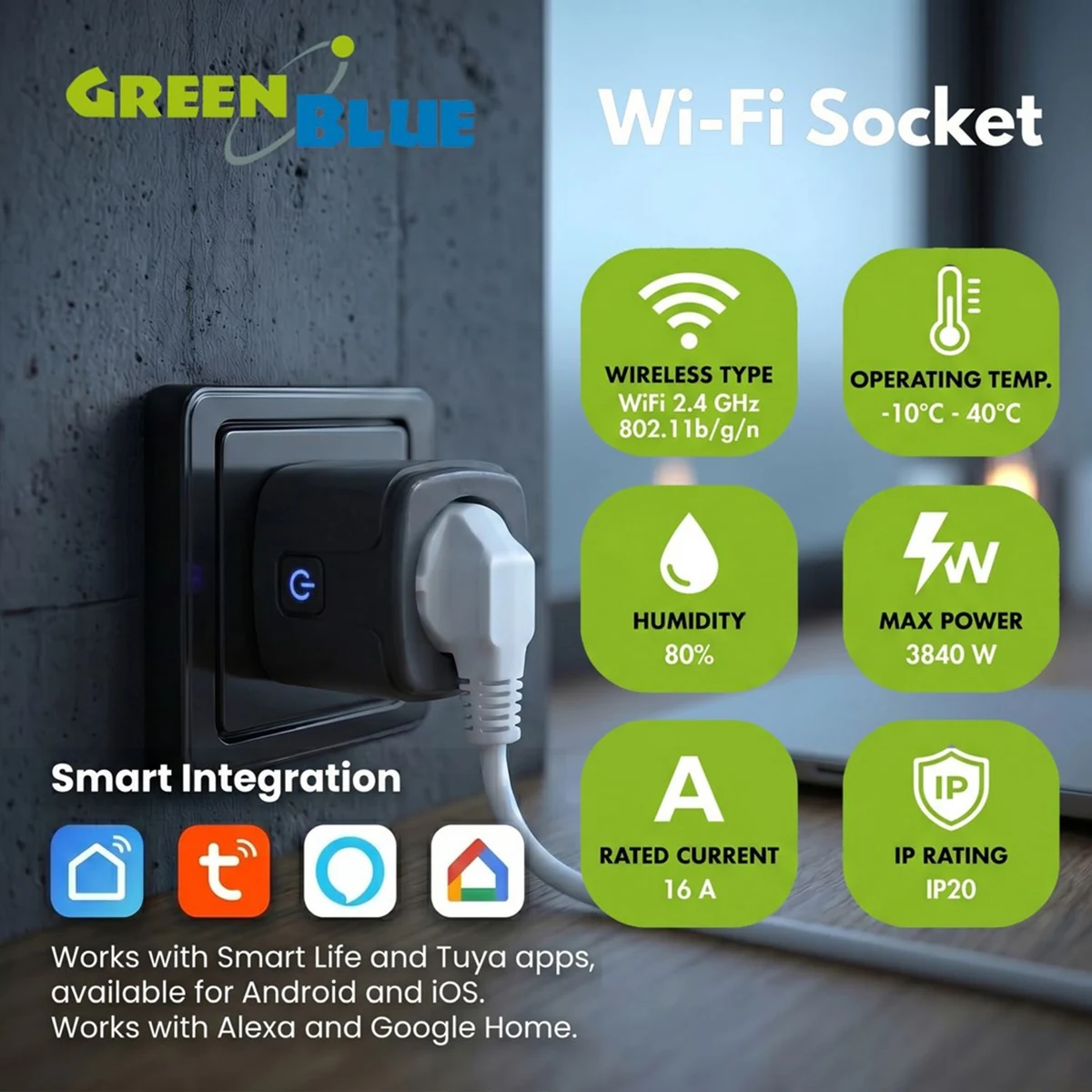 GREENBLUE ZDALNIE STEROWANE GNIAZDKO WIFI, ANDROID/IOS/ALEXA/GOOGLE HOME, TIMER, WATOMIERZ, MAX 16A/3840W GB735 W