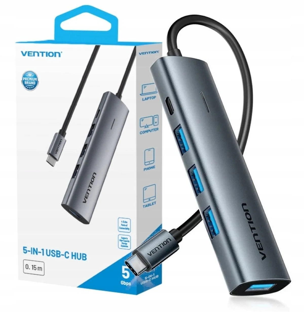 Hub 5w1 USB-C 3.0 Vention 0.15m - Wytrzymały
