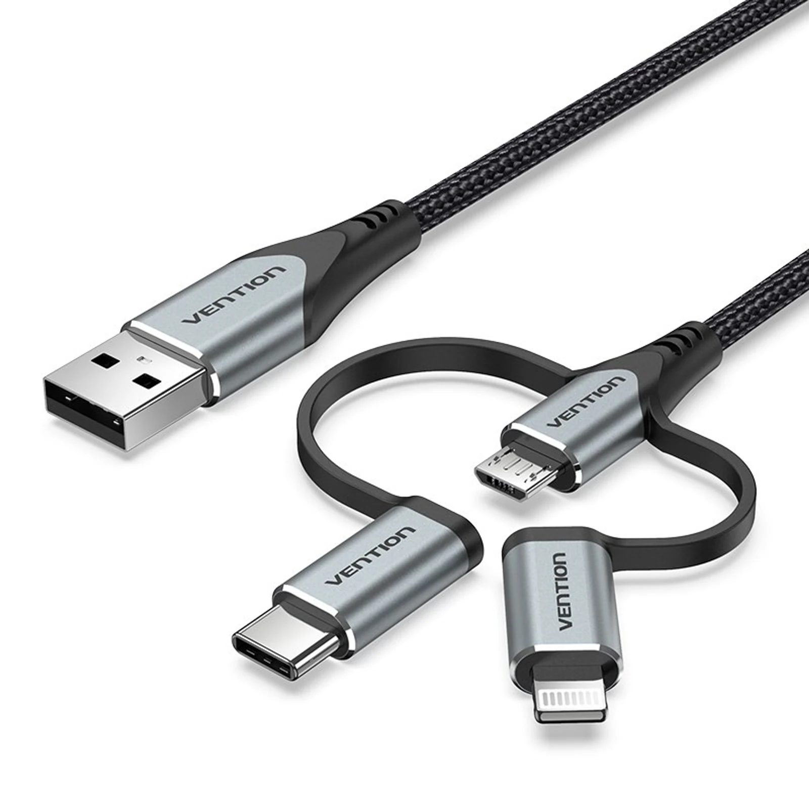 Kabel Vention USB-A 3w1 Micro-B USB-C Lightning 1m szary — zdjęcie 1 z 8
