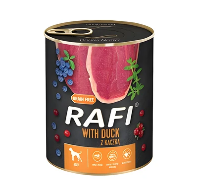 Mokra karma dla psa Rafi z kaczką, borówką i żurawiną 800g