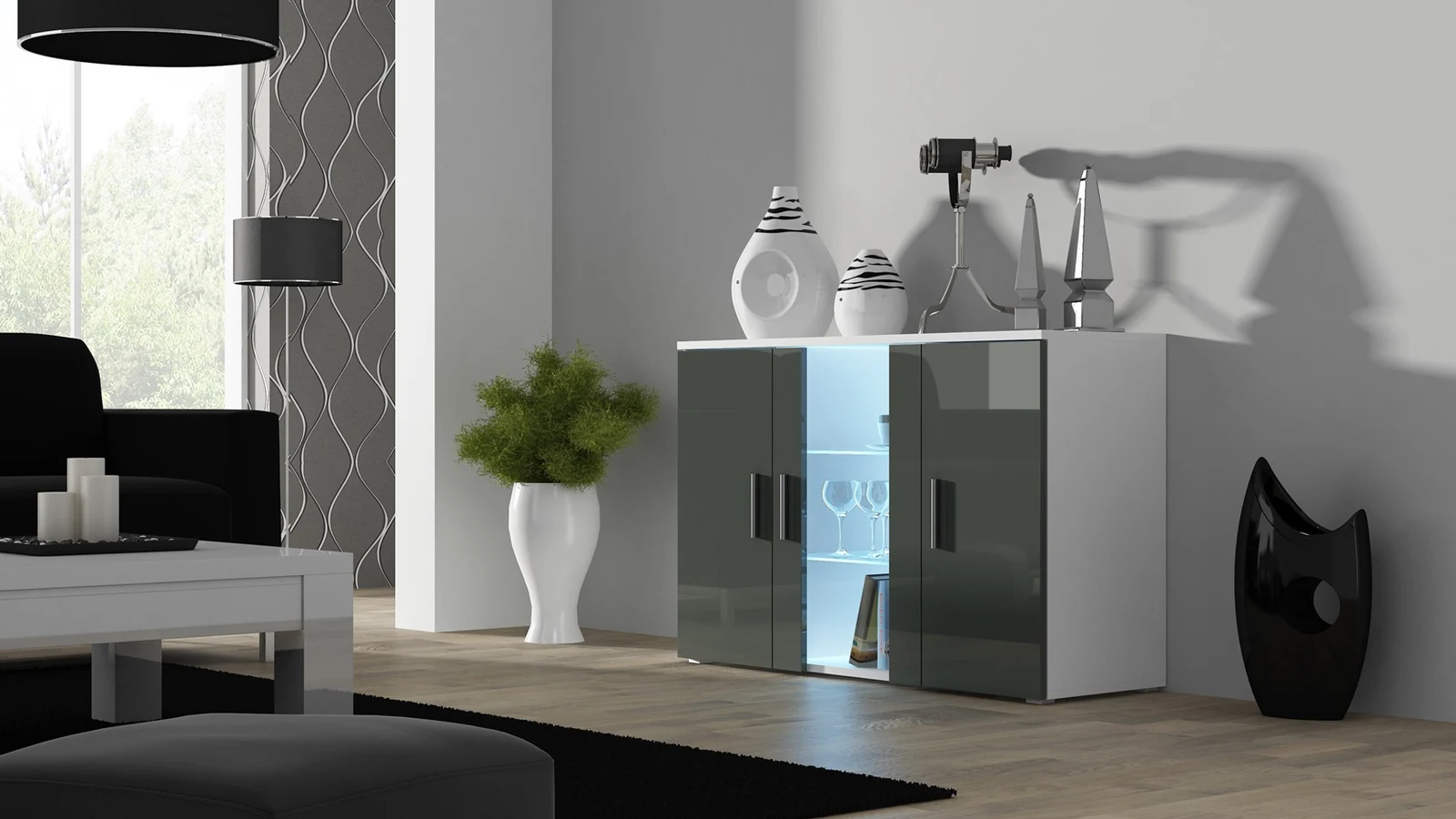 Komoda SOHO S7, biała/szara połysk, 120 cm — zdjęcie 1 z 3