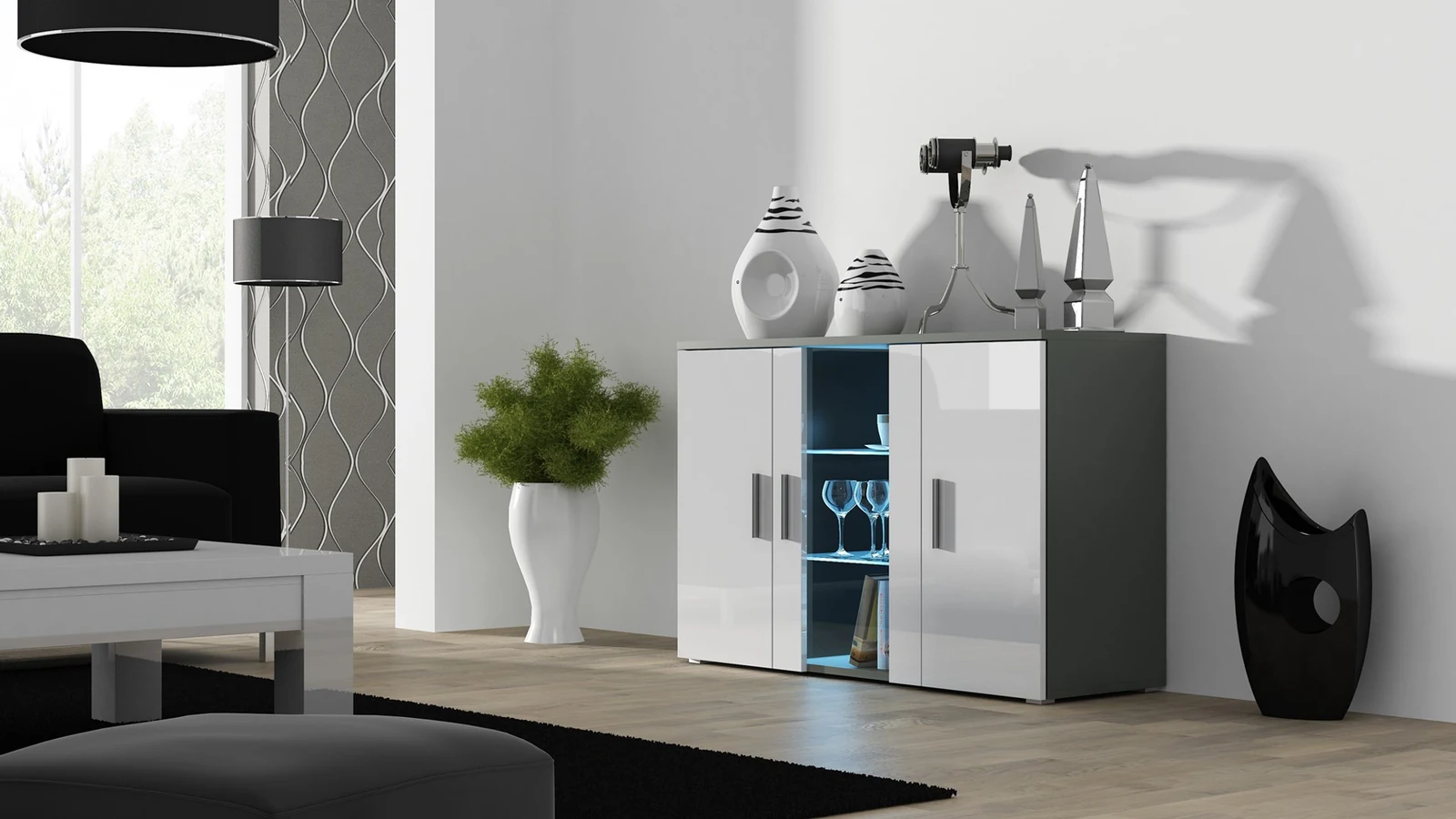 Komoda SOHO S7, 120 cm, szary/biały połysk — zdjęcie 1 z 3