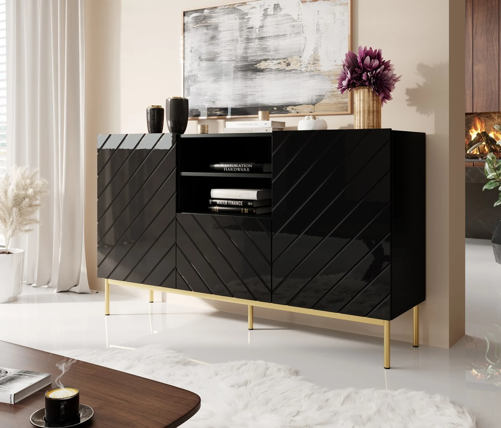 Komoda ABETO 150x42x90 czarna z połyskiem