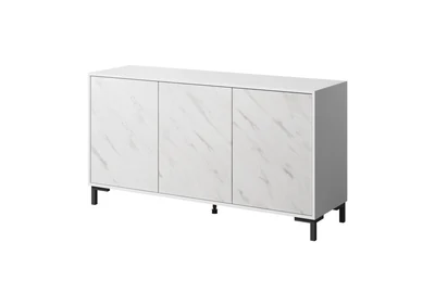 Komoda MARMO 3D, biała matowa z frontem w białym marmurze, wymiary 150x45x80,5 cm
