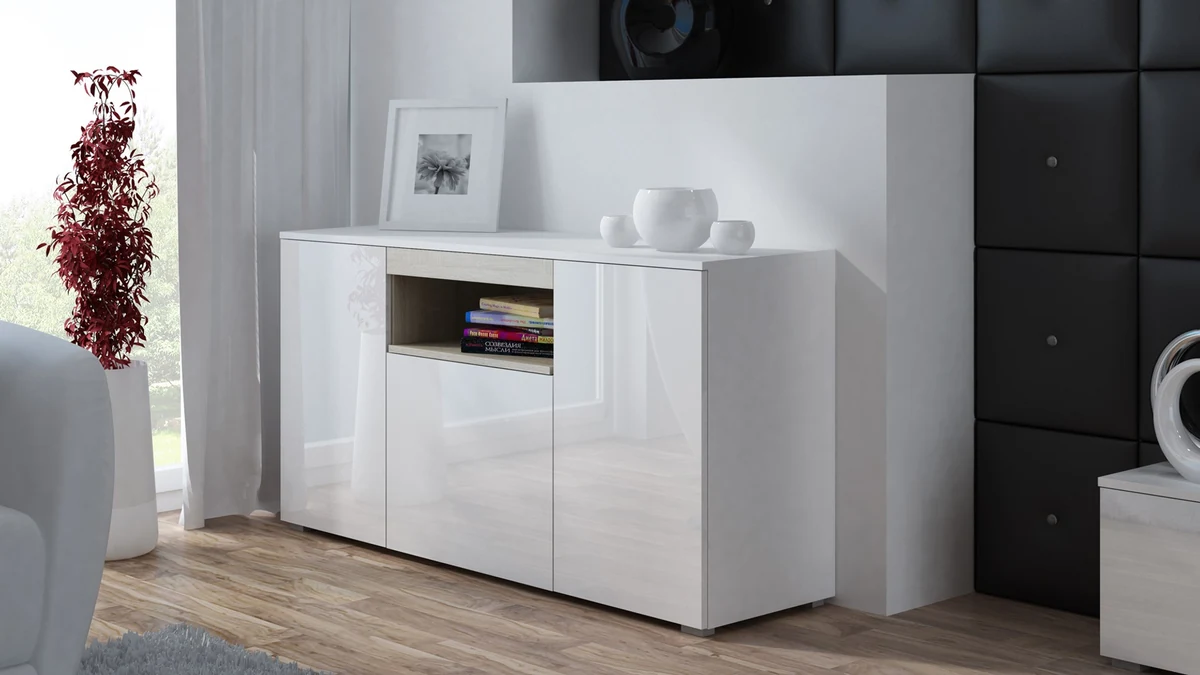 Komoda VIVA 150 biały/biały połysk+dęb sonoma