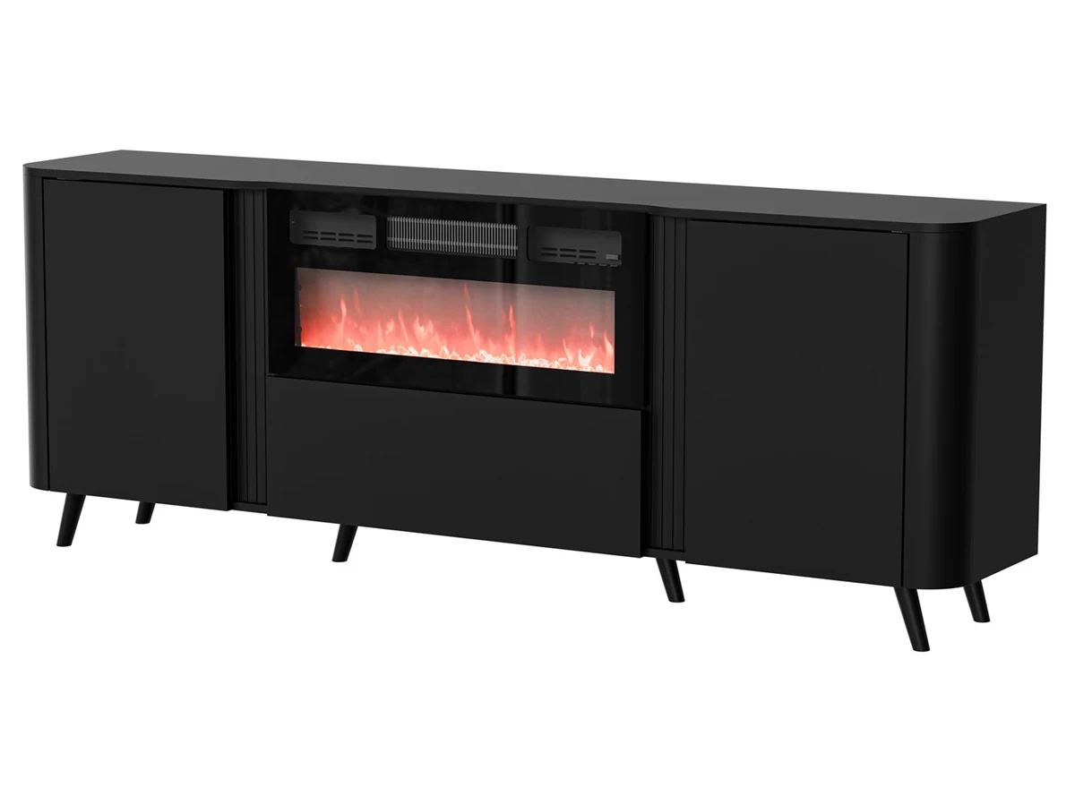 Komoda VOLARE 200x39x75 czarny + kominek elektryczny