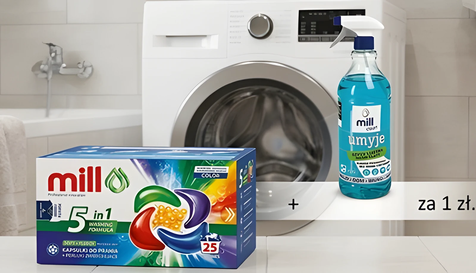 Kup kapsułki Mill Pro Color 25 szt.,+ płyn do szyb Mill Clean 1,22l za 1 zł