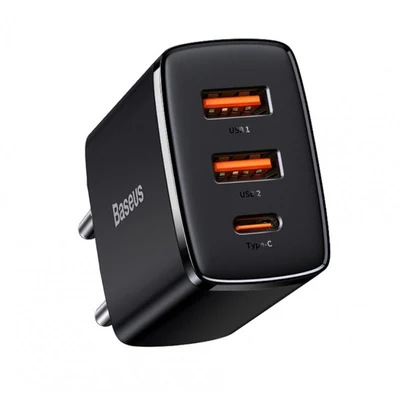 Ładowarka sieciowa Baseus Compact Quick Charger, 2xUSB, USB-C, PD, 3A, 30W (czarna)