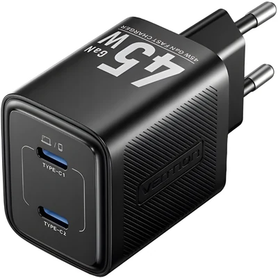 Ładowarka sieciowa Vention 45W GaN PD, 2x USB-C, czarna