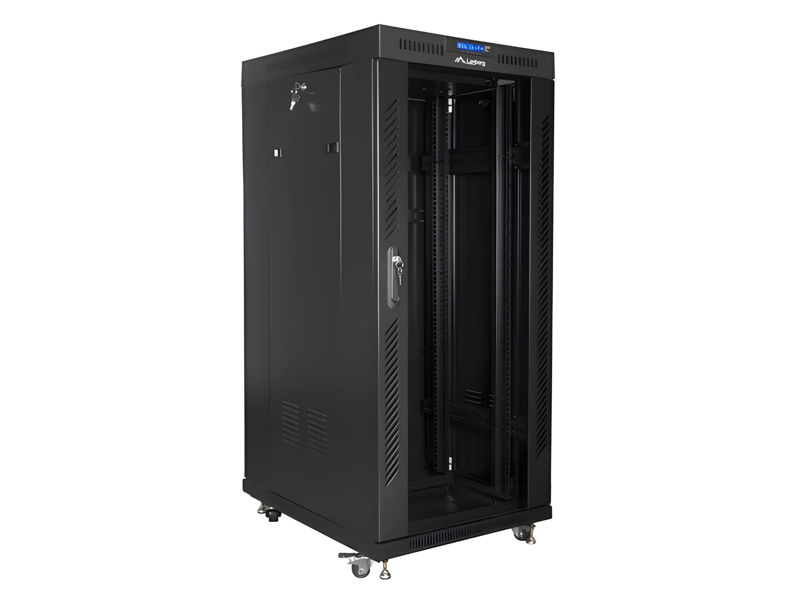 Szafa stojąca Rack 19" Lanberg, model FF01-8027-12BL, 27U, 800x1000 mm, drzwi szklane, czarna (do samodzielnego montażu) — zdjęcie 1 z 5