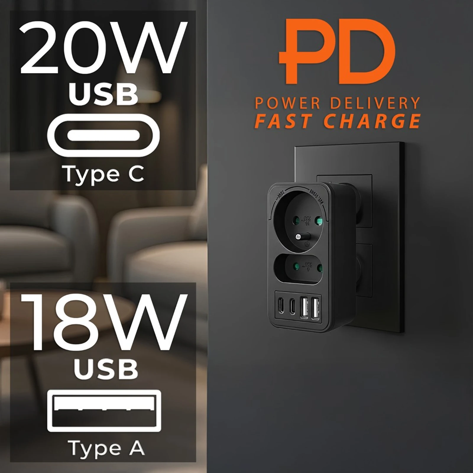 MACLEAN GNIAZDKO PRĄDOWE X2 + 4XUSB, ROZGAŁĘŹNIK — zdjęcie 1 z 8