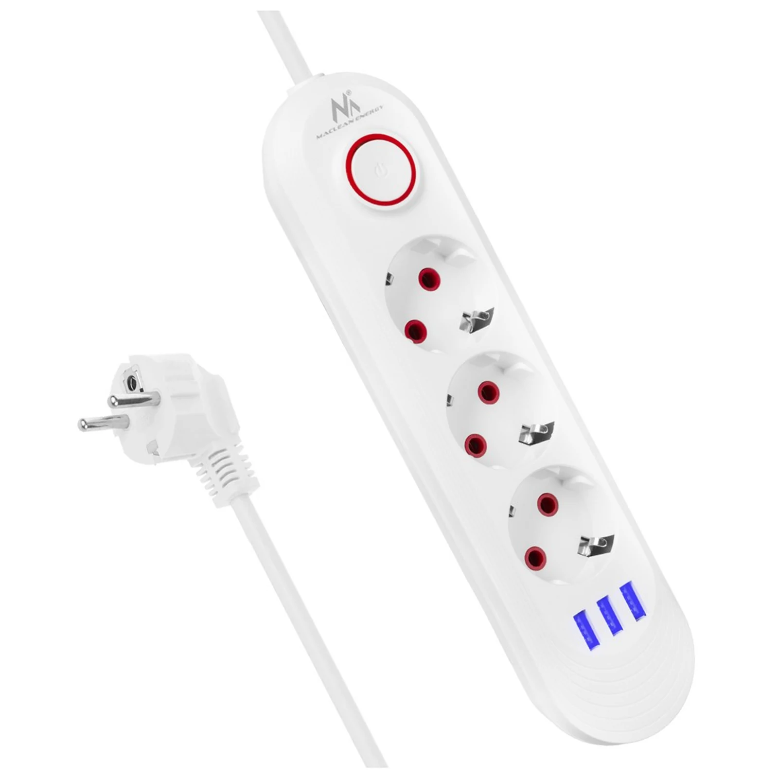 MACLEAN MCE394 W - Listwa zasilająca 3 gniazdą + 3 USB, 1,5m — zdjęcie 1 z 8