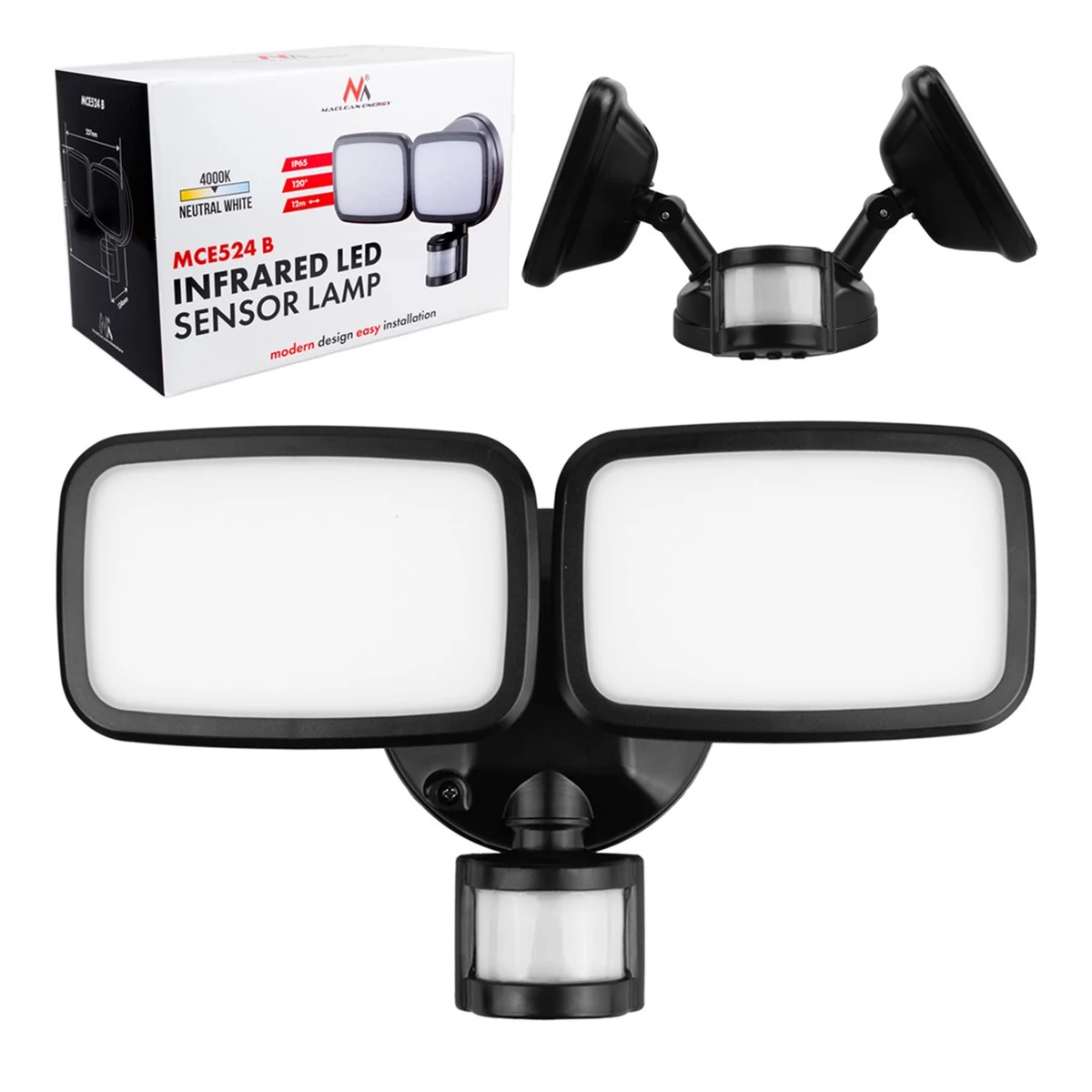 MACLEAN ŚCIENNA LAMPA LED, 20W, 1500LM, CZUJNIK PIR, CZARNA