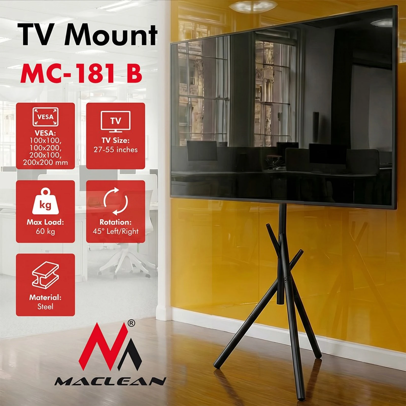 MACLEAN UCHWYT / STOJAK PODŁOGOWY DO TV, 27-55", MAX. VESA 200X200, MAX. 60KG MC-181 B — zdjęcie 1 z 8