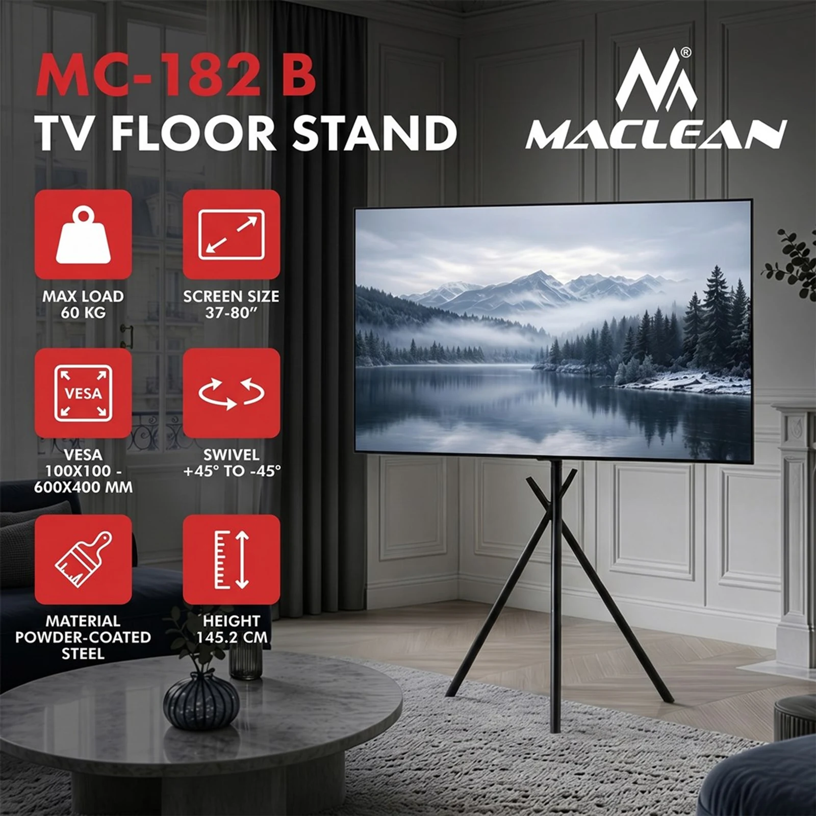 MACLEAN UCHWYT / STOJAK PODŁOGOWY DO TV, 37-80", MAX. VESA 600X400, MAX. 60KG, MC-182 B MC-182 B — zdjęcie 1 z 8