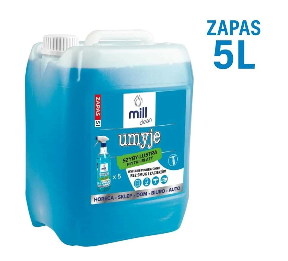 MILL CLEAN UMYJE 5 litrów. Płyn do mycia szyb, luster, glazury, płytek. Usuwa kurz, tłuste plamy, nie pozostawiając smug.