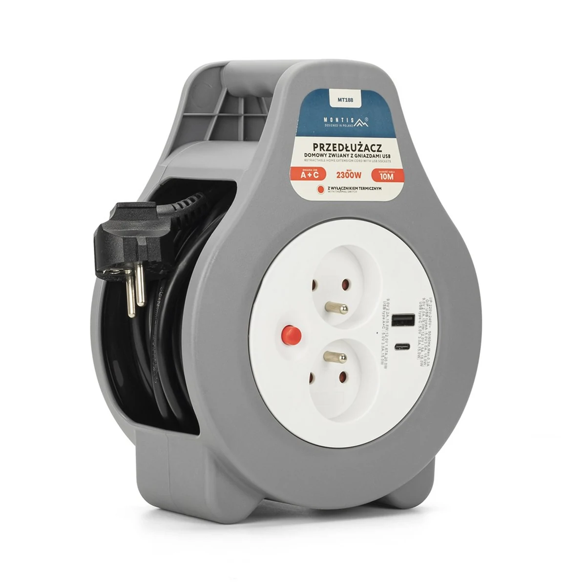 MONTIS PRZEDŁUŻACZ ZWIJANY 10M Z 2 GNIAZDAMI USB A+C