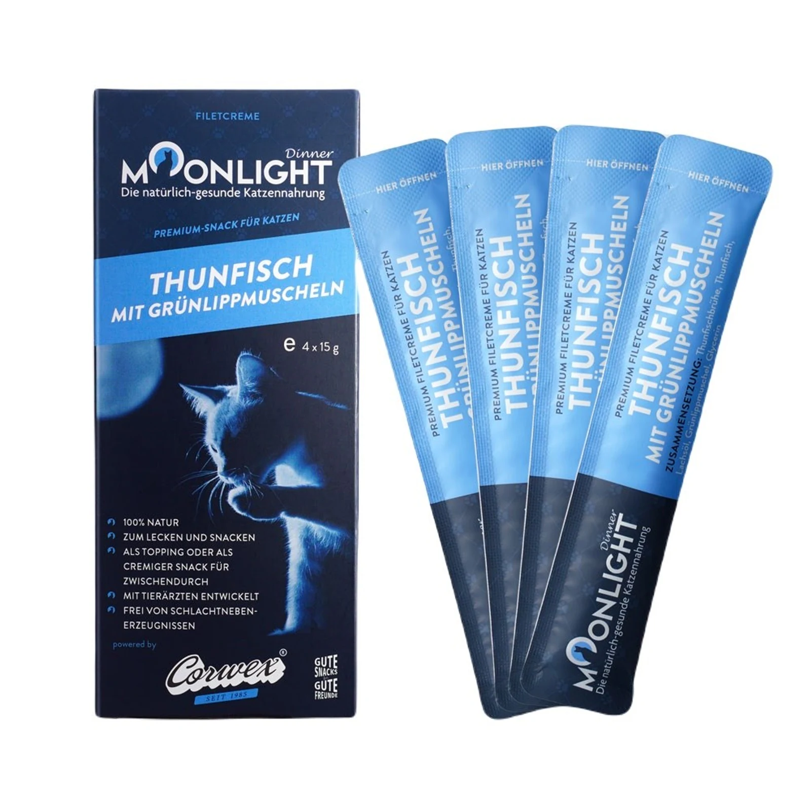 Mokra karma dla kota Moonlight Dinner - Tuńczyk z omułkiem, 60g (4 saszetki po 15g)