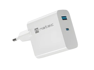 Ładowarka sieciowa Natec Ribera GAN 65W, 1x USB-A, 1x USB-C, biała