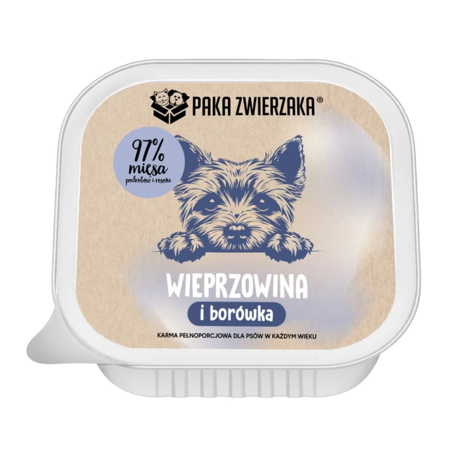 Mokra karma dla psa Paka Zwierzaka - wieprzowina z borówką, tacka 150g — zdjęcie 1 z 3