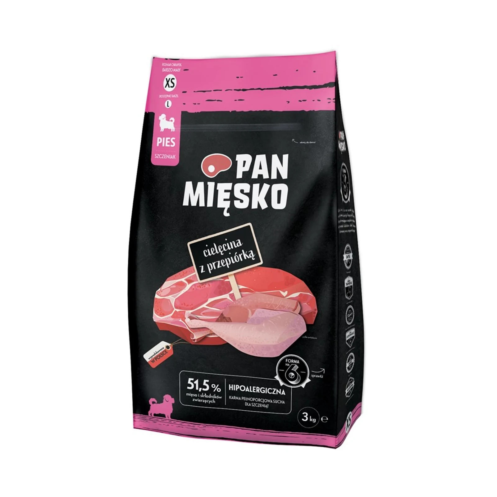 Pan Mięsko Cielęcina z przepiórką sucha karma XS 3kg