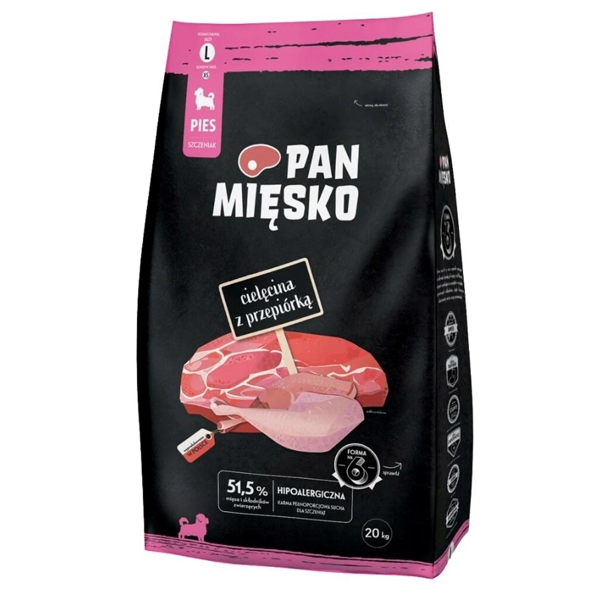 PAN MIĘSKO Cielęcina z przepiórką (szczeniak) chrupki L - Karma sucha dla psa - 20kg
