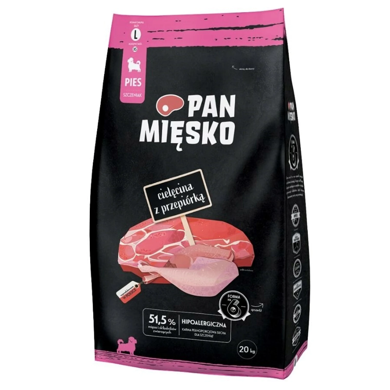 PAN MIĘSKO Cielęcina z przepiórką (szczeniak) chrupki L - Karma sucha dla psa - 20kg