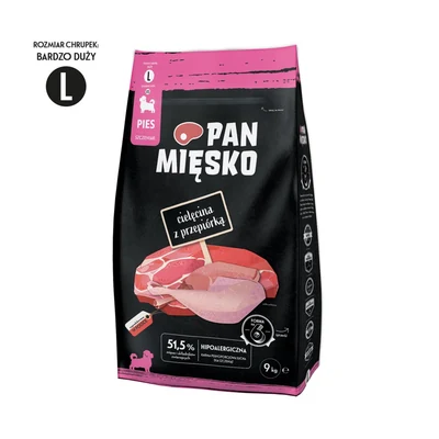 Karma sucha dla szczeniąt Pan Mięsko Cielęcina z przepiórką, opakowanie 9kg