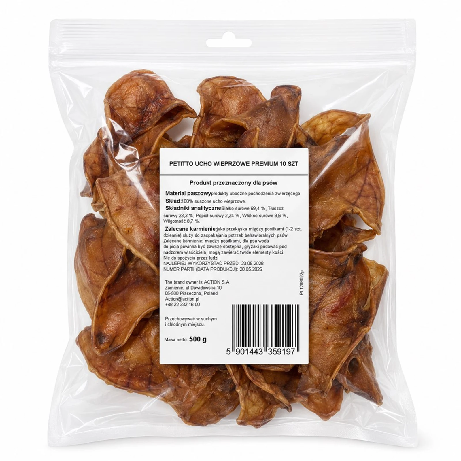 PETITTO ucho wieprzowe dla psa 10 szt 40g — zdjęcie 1 z 3