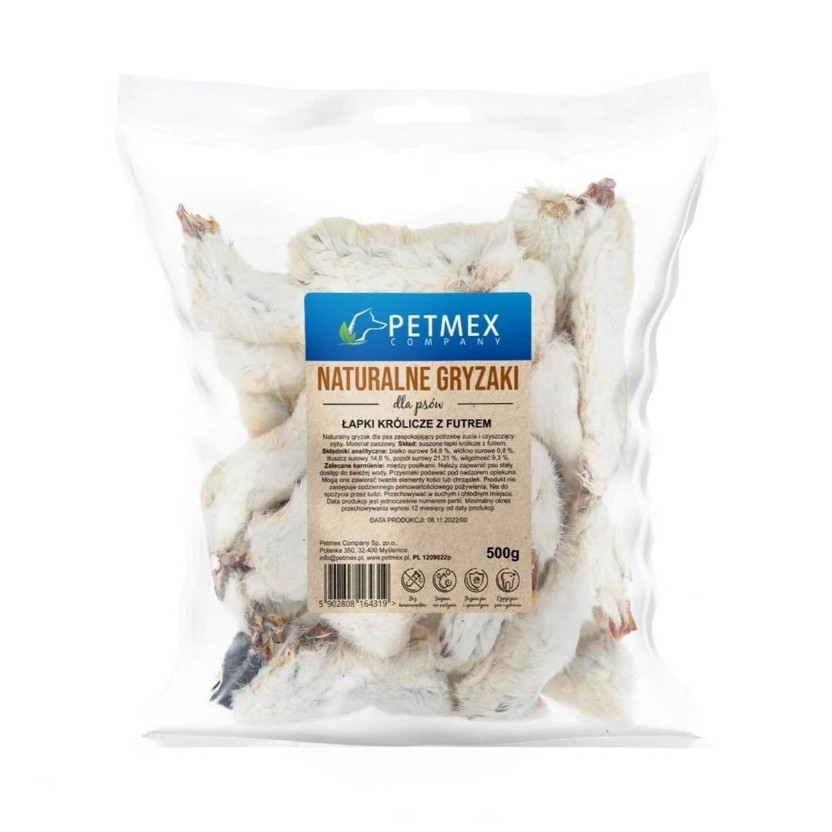 PETMEX Łapki królicze z futrem gryzak przysmak dla psa 500g