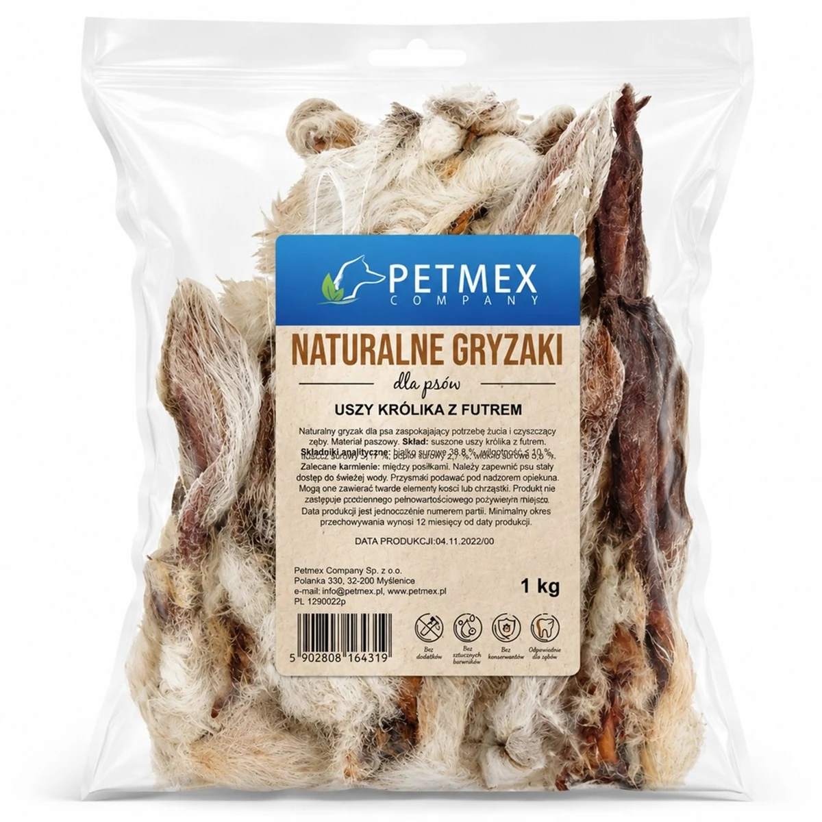 PETMEX Uszy Królika z futrem 1kg