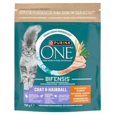Purina ONE Karma Sucha dla Kotów - Ochrona Sierści i Przeciw Kulom Włosowym, z Kurczakiem i Pełnymi Ziarnami, 750g
