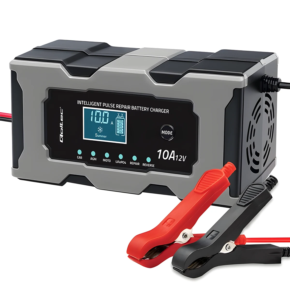 Prostownik Qoltec 12V 10A z funkcją naprawy akumulatorów AGM, GEL i LFP | Wyświetlacz LCD