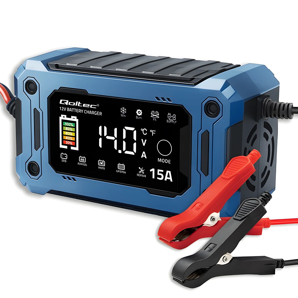Ładowarka Qoltec 12V 15A | Prostownik do akumulatorów AGM, GEL, LIFEPO4 | Wyświetlacz LCD