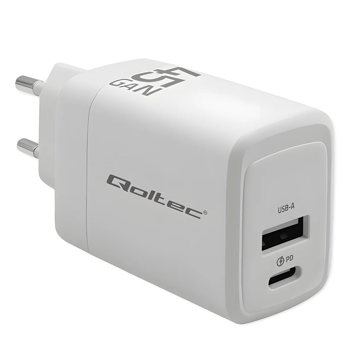 QOLTEC ŁADOWARKA 45W GAN | 5-20V | 1.5-3A | 1XUSB-C PD | 1XUSB QC 3.0 | BIAŁA