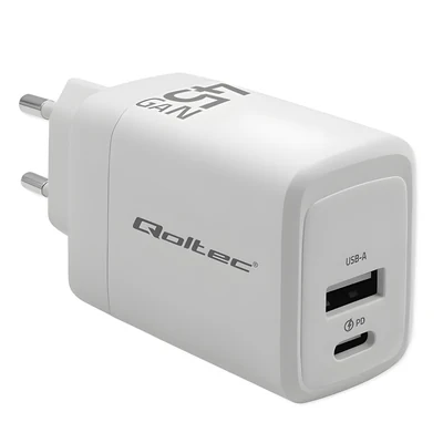 QOLTEC ŁADOWARKA 45W GAN | 5-20V | 1.5-3A | 1XUSB-C PD | 1XUSB QC 3.0 | BIAŁA