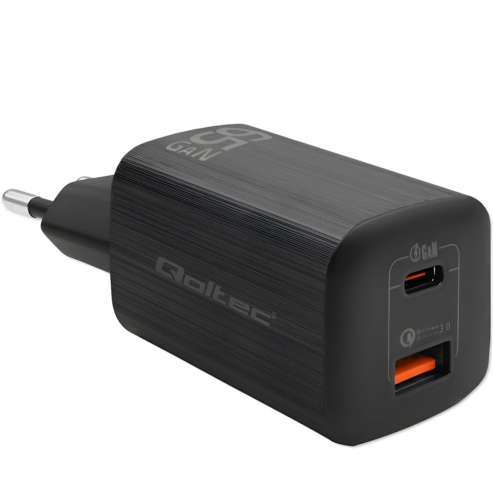 QOLTEC ŁADOWARKA SIECIOWA 65W GAN ULTRA | 5-20V | 2.25-3.25A | 1 X USB TYP C PD | 1 X USB QC 3.0 | CZARNA — zdjęcie 1 z 4