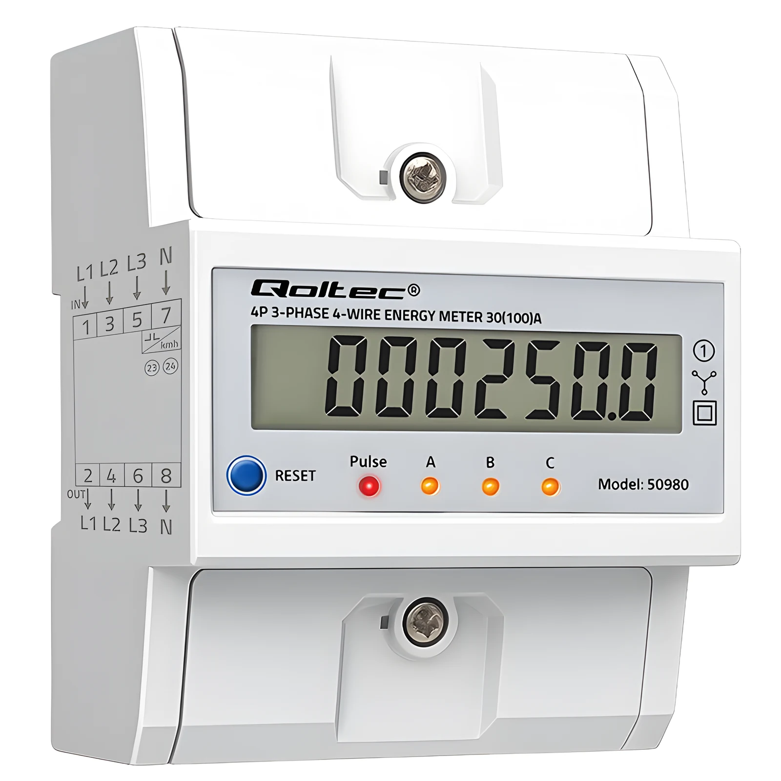 QOLTEC LICZNIK ENERGII TRÓJFAZOWY NA SZYNĘ DIN | 400V | 100A | LCD | LED | 4P — zdjęcie 1 z 8
