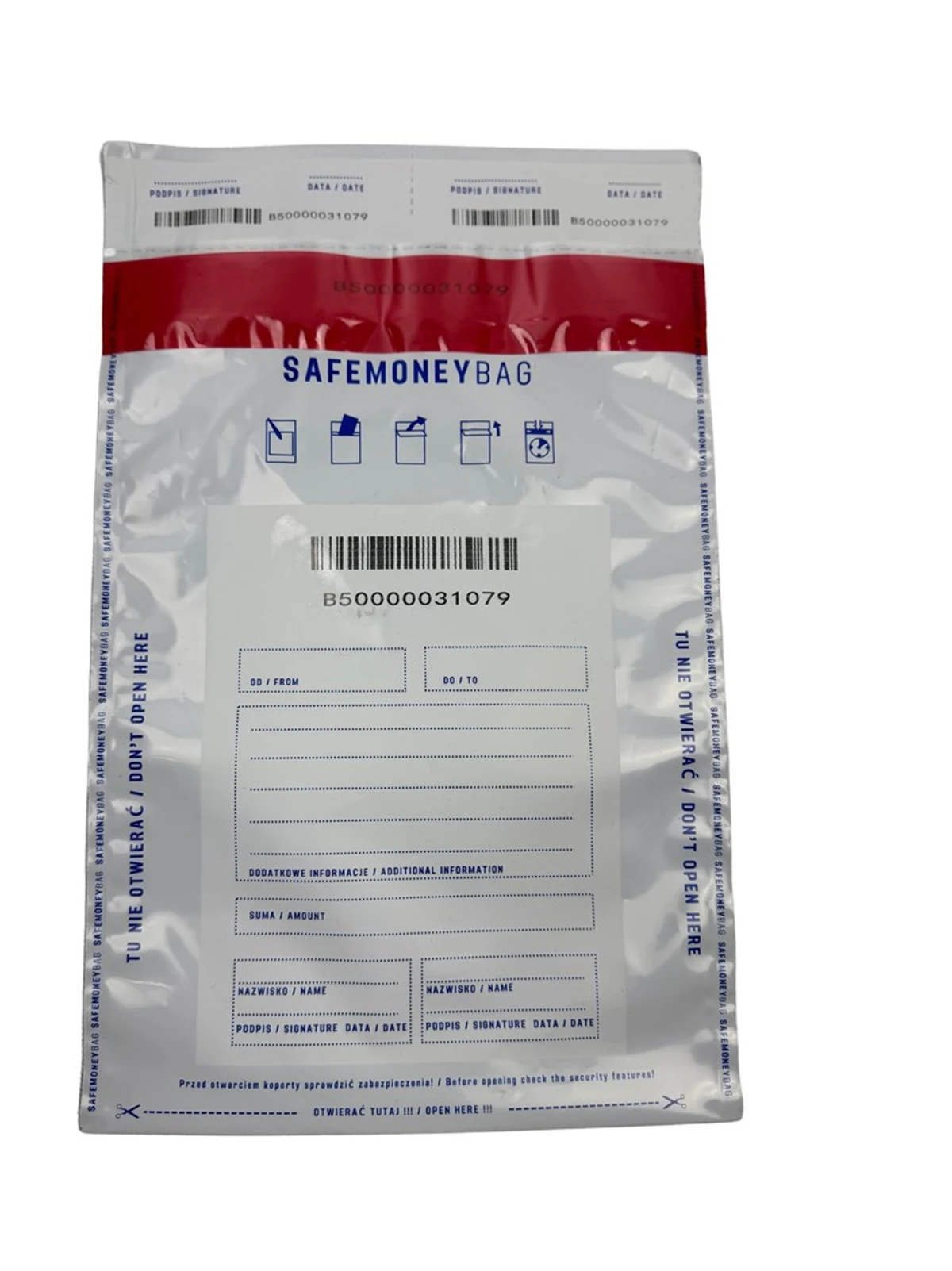Koperty depozytowe SAFEMONEYBAG, przezroczyste, format B5 (190x260 mm + 35 mm), 100 sztuk w opakowaniu