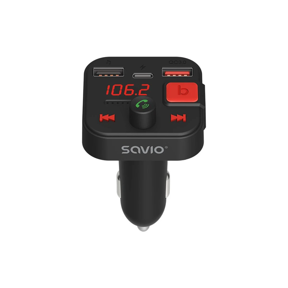 Transmiter FM SAVIO TR-15 z wyświetlaczem, Bluetooth, ładowarką PD USB-C/USB-A i funkcją szybkiego ładowania, wzmocnienie basu