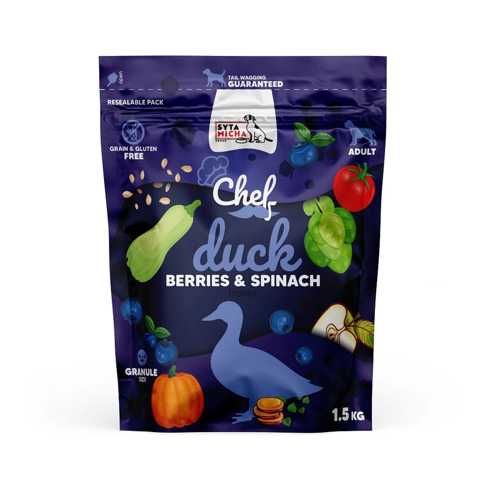 SYTA MICHA Karma Sucha Kaczka Jagody Szpinak 1,5kg
