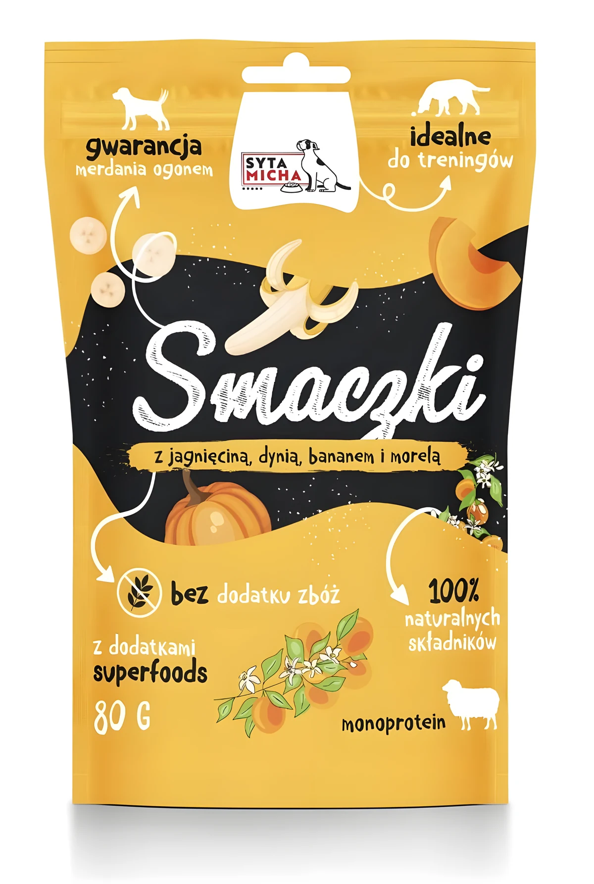 SYTA MICHA Smaczki z jagnięciną, dynią, bananem i morelą 80g