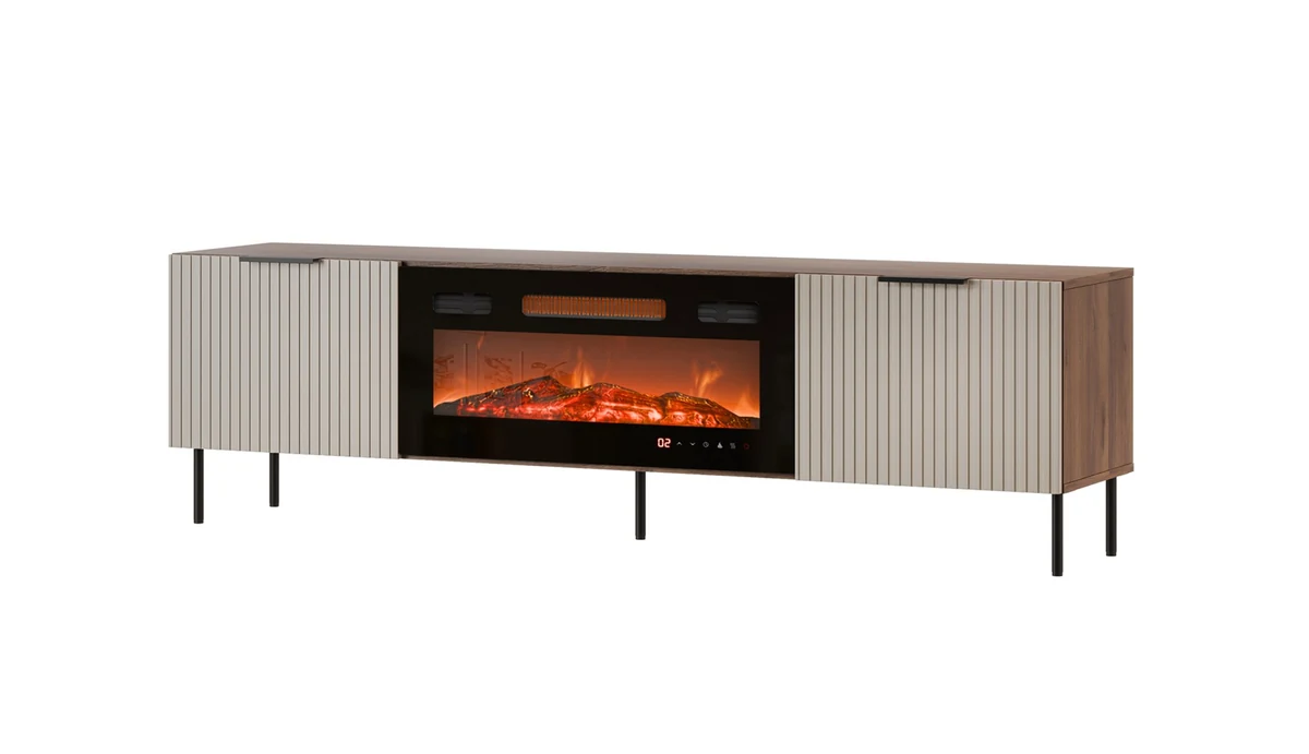 Szafka RTV ALMERA 180,5x42x52,5 cm, orzech/kaszmir z czarnym kominkiem