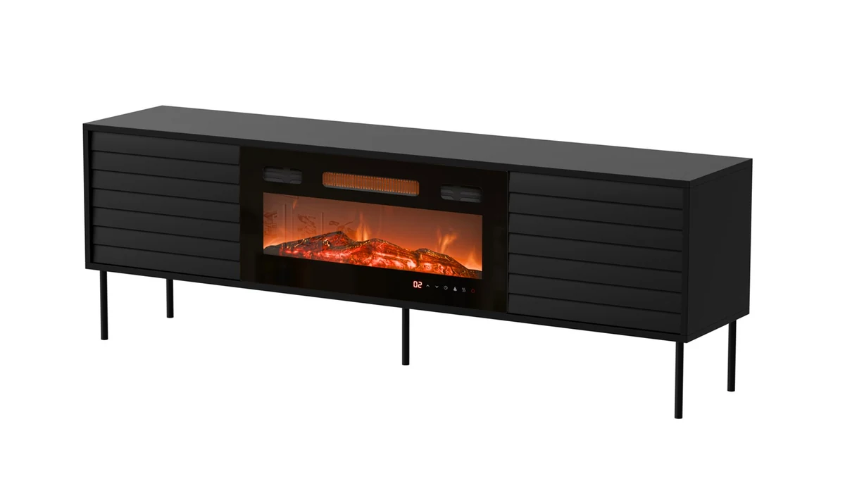 Szafka RTV CORTINA 180x40x60 cm, czarna z kominkiem