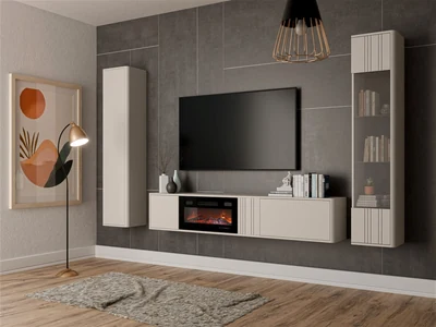 Szafka RTV PHILIPPE 190x35,3x30 Kaszmir Mat z Kominkiem Czarnym